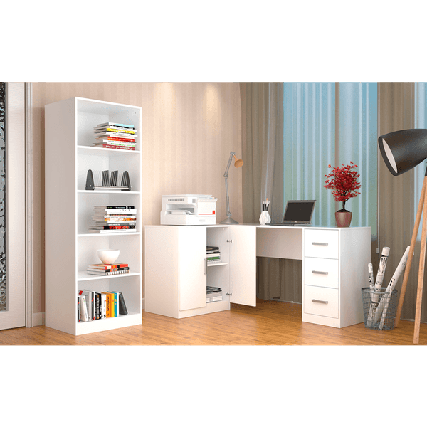 Mesa para Escritório em MDP, 3 Gavetas, 2 Portas, 2 Prateleiras - Kit1000 Branco