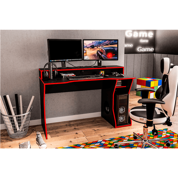 Mesa Gamer para Computador em MDP, 1 Prateleira, 1 Nicho - Fremont Preto / Vermelho
