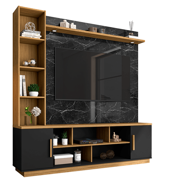 Estante Home para TV até 60'', MDP/MDF, 02 Portas, 05 Prateleiras, com LED - Prestige Preto Fosco / Cinamomo / Nero