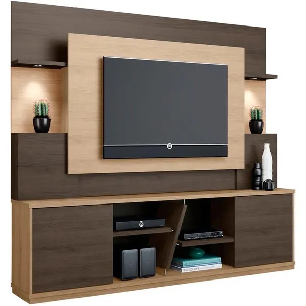 Estante Home, 2 Luminárias LED, Portas Deslizantes - BelaFlex Milano Amêndoa / Cacau