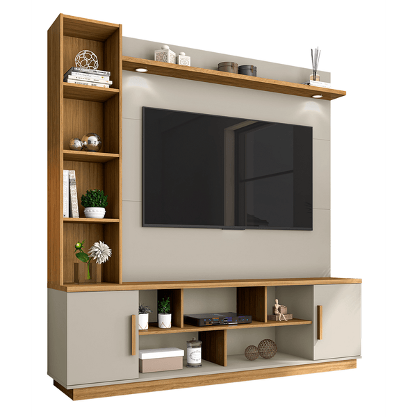 Estante Home para TV até 60'', MDP/MDF, 02 Portas, 05 Prateleiras, com LED - Prestige Off White / Cinamomo