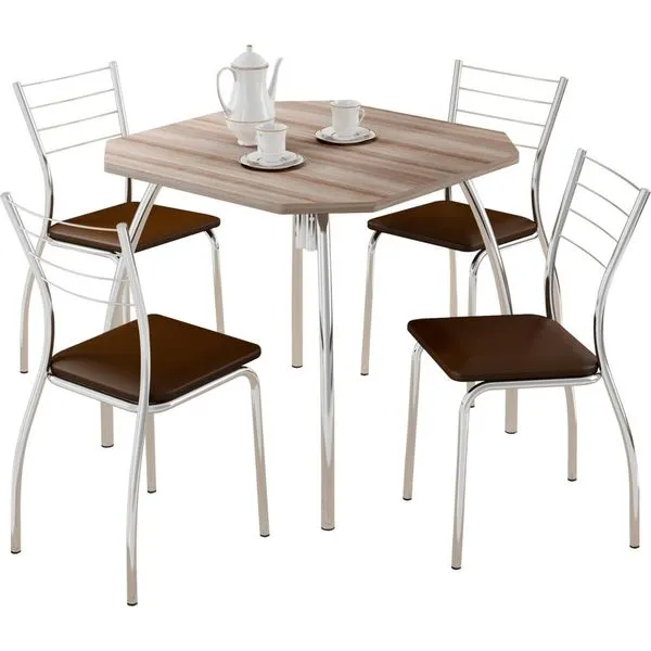 Mesa de Jantar 4 Cadeiras em Tecido Napa - Carraro 1504 / 1700 Nogueira / Cacau