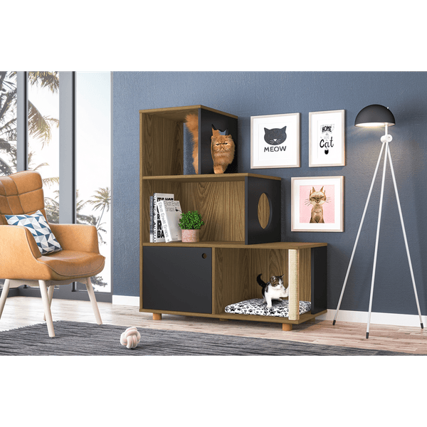 Estante para Pet, Com Arranhador, 1 Porta, 4 Prateleiras, Com Pés - Pet Siamês Mel / Preto