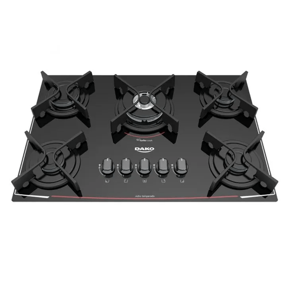 Cooktop Dako 5 Bocas Turbo Glass, com Mesa em Vidro, tripla Chama, Preto Bivolt