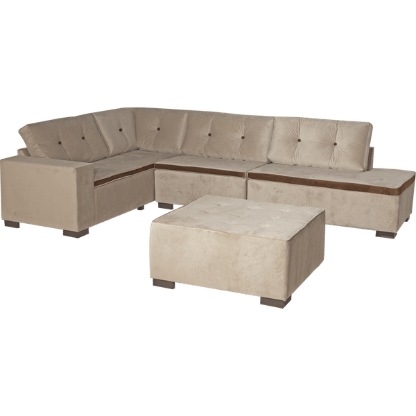 Sofá de Canto 3 e 2 Lugares Com Puff, Madeira MDF, Tecido D23, Com Cheise - Bom Pastor Sofitel Bege / Marrom