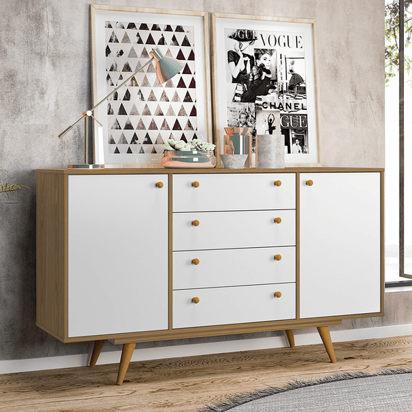 Buffet Retrô, 4 Gavetas, 2 Portas - Califórnia Mel / Branco