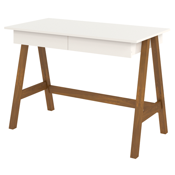 Escrivaninha em MDF/Pinus Taeda, 2 Gavetas - Old Off-White / Amêndoa
