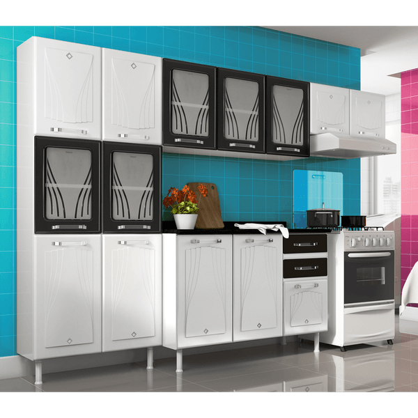 Cozinha de Aço 11 Portas, 6 Prateleiras, 5 Portas de Vidro - Telasul Star Branco / Preto