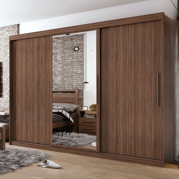 Guarda-roupa em MDF, 3 Portas, 4 Gavetas, Com Espelho - Taurus Imbuia Naturale / Off White