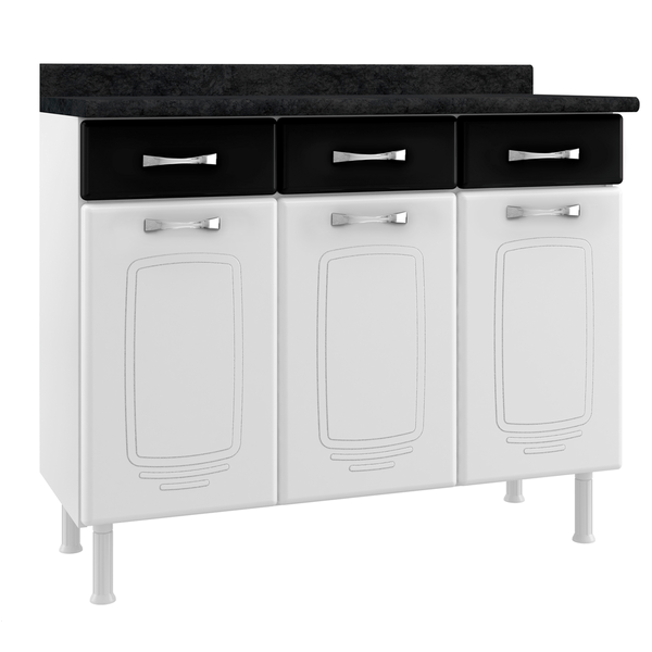 Balcão Triplo 3 Portas, 3 Gavetas, Com Tampo, Aço - Telasul Novitá Branco / Preto