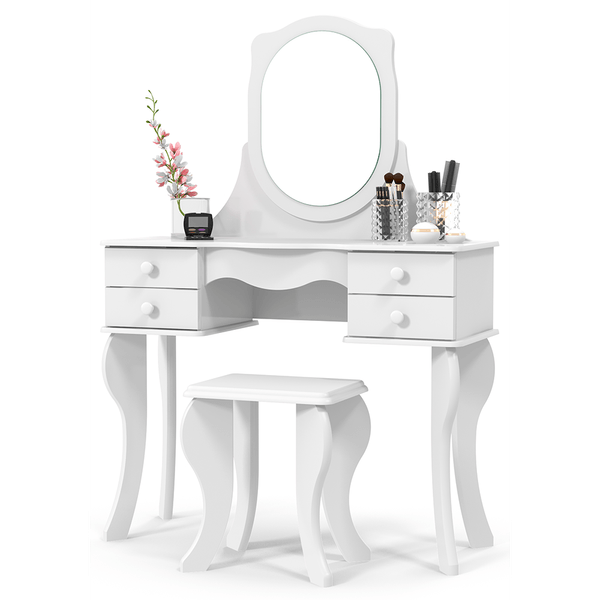 Penteadeira em MDF, 4 Gavetas, Corrediças Metálicas, 4 Pés, Espelho Modulado - Princesa Branco