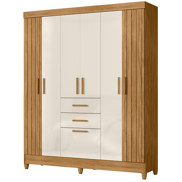 Guarda Roupa Malta 6 Portas 3 Gavetas MDP Puxadores em MDF Freijó / Off White