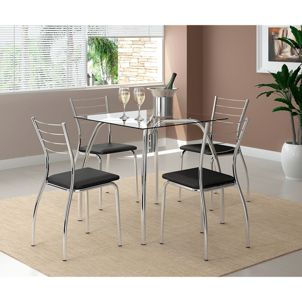 Mesa de Jantar em Tubos de Aço, 4 Cadeiras, Tecido Napa - Carraro Parma Cromado / Preto