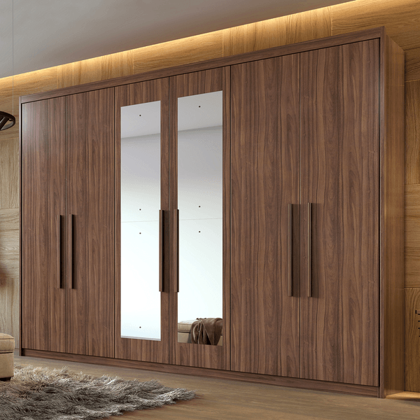 Guarda-roupa em MDF/MDF, 6 Portas, 4 Gavetas, Com Espelho - Aires Imbuia Naturale