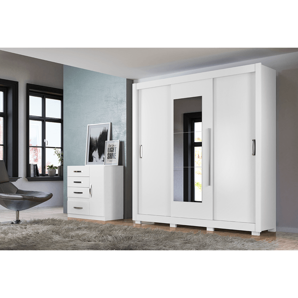 Guarda-Roupa Casal em MDP, com Espelho, 3 Portas, 3 Gavetas, 8 Pés - Montreal Plus Branco