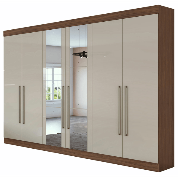 Guarda-roupa em MDF, Com Espelho, 6 Portas, 4 Gavetas - Castellaro Imbuia Naturale / Off-White