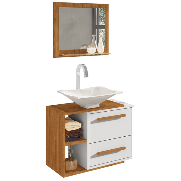 Conjunto para Banheiro, 1 Porta, Com Cuba, 2 Prateleiras, 1 Espelho - Barcelona Cinamomo / Branco