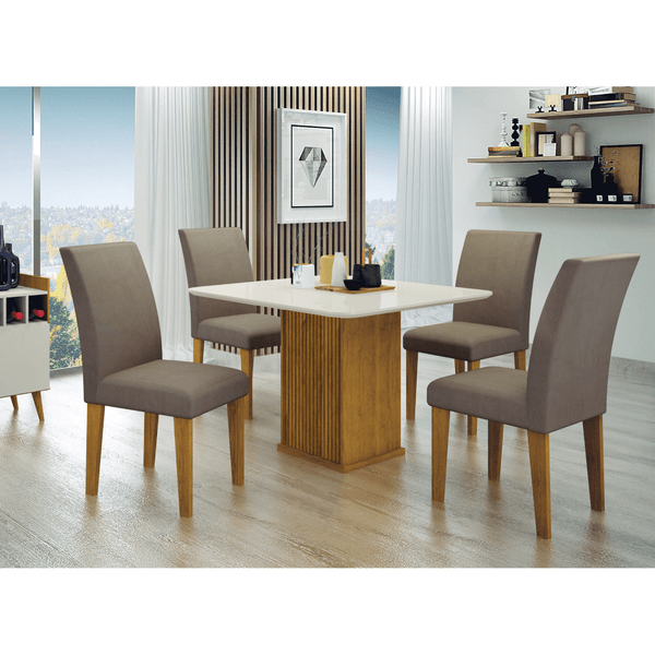 Mesa de Jantar Napoli MDF com 4 Cadeiras Estofadas e Tampo de Vidro Freijó / Off White