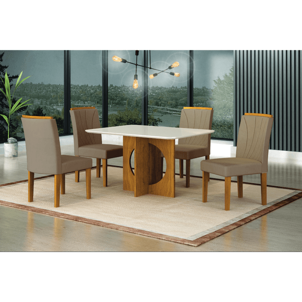 Mesa de Jantar Lorena MDF com 4 Cadeiras Estofadas e Tampo de Vidro Freijó / Off White