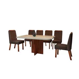 Mesa de Jantar Natalia com 6 Cadeiras MDF com Tampo de Vidro Bom Pastor Off White / Amêndoa
