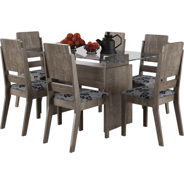 Mesa de Jantar 7 Peças com Tampo em Vidro - RV Móveis Esmeralda Terrarum / Floral