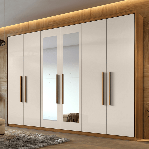 Guarda-roupa em MDF/MDF, 6 Portas, 4 Gavetas, Com Espelho - Aires Rovere Naturale / Off White