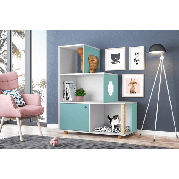 Estante para Pet, Com Arranhador, 1 Porta, 4 Prateleiras, Com Pés - Pet Siamês Branco / Turquesa