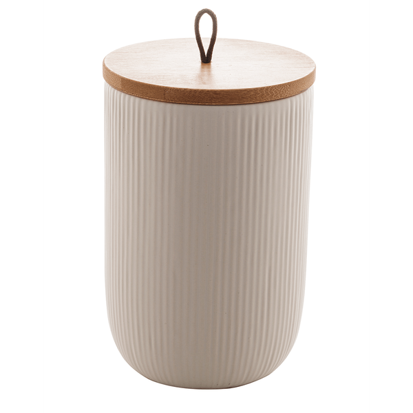 Potiche Decorativo Lyor, Com Tampa de Bambu, Pegador de Cordas Lines, 10x15,5cm, Cerâmica, Branco - 8670