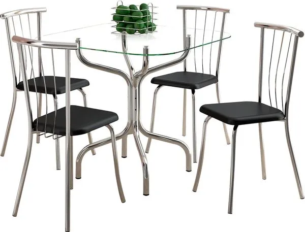 Mesa de Jantar 4 Cadeiras com Tampo de Vidro - Carraro 393 / 154 Preto