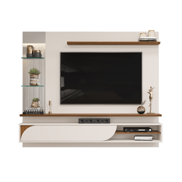 Painel Ravi Para TV Até 60'' 1 Porta Basculante Curva - DJ Móveis Freijó/Off White