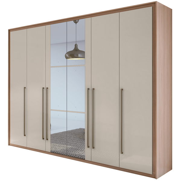 Guarda-roupa em MDF, Com Espelho, 6 Portas, 6 Gavetas - Reali New Carvalho Naturale / Off-White