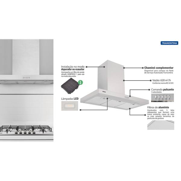 Coifa de Parede New Dritta Tramontina, 90cm, 3 Velocidades, 225W, Aço Inox - 95800003 110V