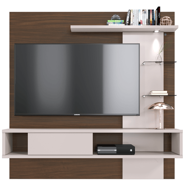 Painel para TV até 55'', MDP, 1 Porta. 3 Prateleiras, 2 Nichos - Atlântico Nogueira Real / Off White