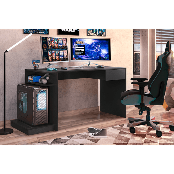 Mesa Gamer para Computador em MDP, 1 Porta, 1 Gaveta, 1 Prateleira - Rubi Preto