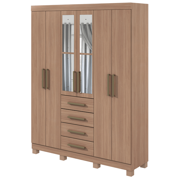 Guarda-Roupa 6 Portas, 4 Gavetas, Com Espelho, Com Pés - Móveis Lopas Hector Carvalho Naturale