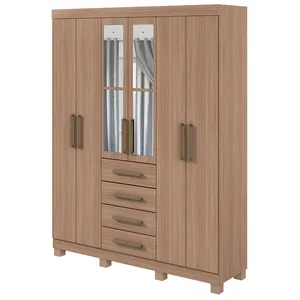 Guarda-Roupa 6 Portas, 4 Gavetas, Com Espelho, Com Pés - Móveis Lopas Hector Carvalho Naturale