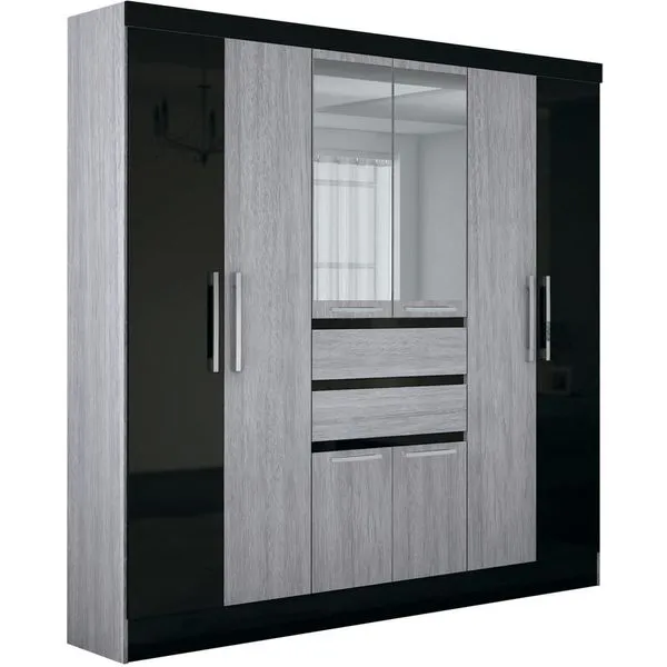 Guarda-roupa 8 Portas com Espelho - Moval Ímola Cinza / Preto