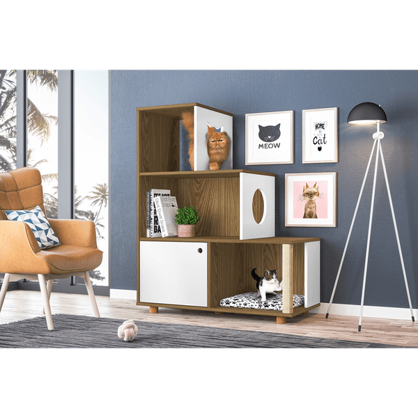 Estante para Pet, Com Arranhador, 1 Porta, 4 Prateleiras, Com Pés - Pet Siamês Mel / Branco