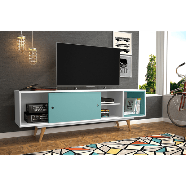 Rack para TV até 48'', 1 Porta, 1 Prateleira, 4 Pés - Retrô 50 Branco / Turquesa