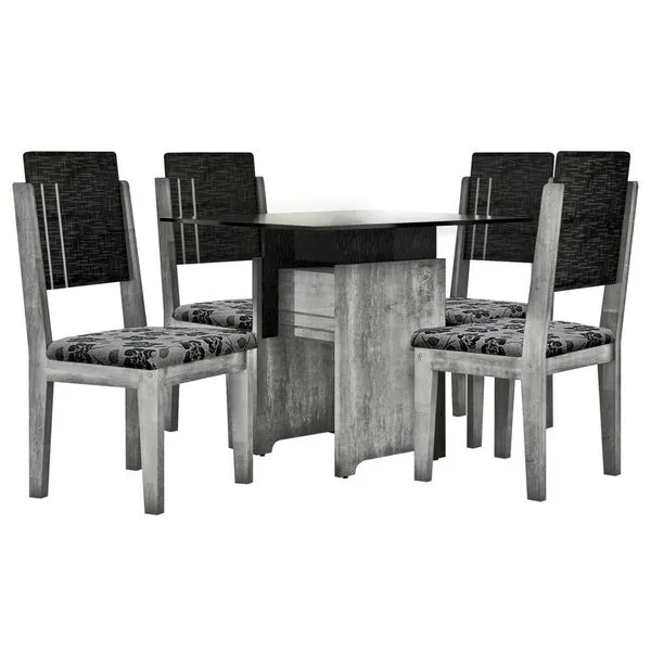 Mesa de Jantar 5 Peças com Tampo em Vidro - RV Móveis Esmeralda Carvalho / Preto / Floral
