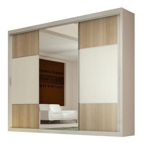 Guarda-roupa 3 Portas de Correr com Espelho Patiner / Ciliégio / Têxtil - Móveis Europa Pallas Patiner / Ciliégio / Têxtil