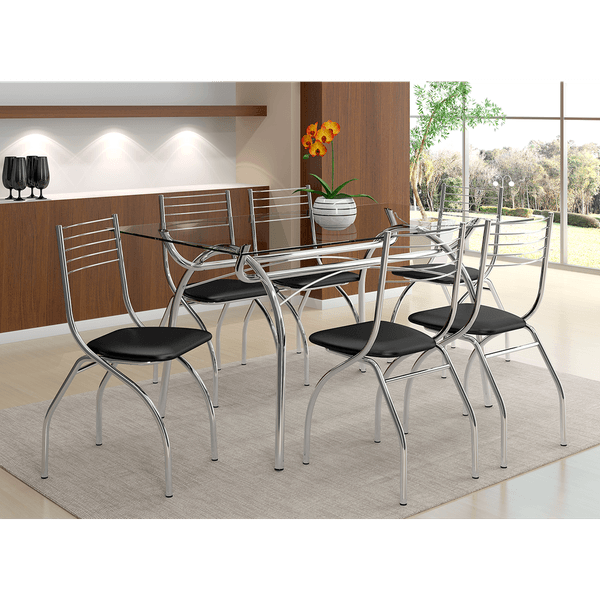 Mesa de Jantar em Tubos de Aço, Tampo em Vidro, 6 Cadeiras - Carraro Bolonha Cromado / Preto