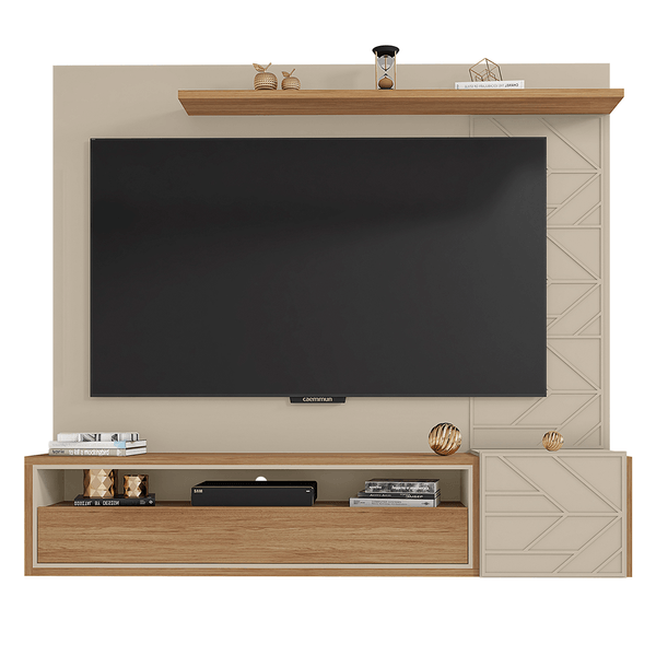 Painel Prisma 2 Portas 3 Gavetas 1 Prateleira em MDP Off-White / Buriti