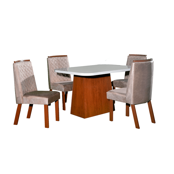Mesa de Jantar Helena Luxo com 4 Cadeiras em MDF Tampo com Vidro Off White / Carvalho Americano