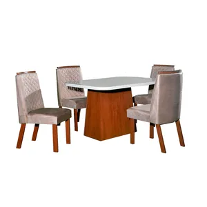 Mesa de Jantar Helena Luxo com 4 Cadeiras em MDF Tampo com Vidro Off White / Carvalho Americano