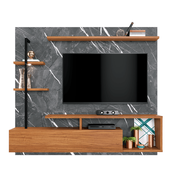 Painel Home em MDP para TV até 60'', 1 Porta, 4 Prateleiras, com Nicho - Maragogi Grigio / Noce