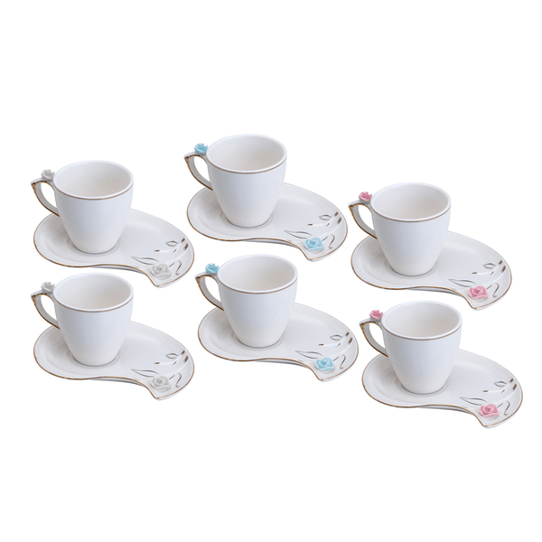 Conjunto de Xícaras Para Café Com Pires, Flower Design Plate, 6 Peças, 90ml, Porcelana - 35468