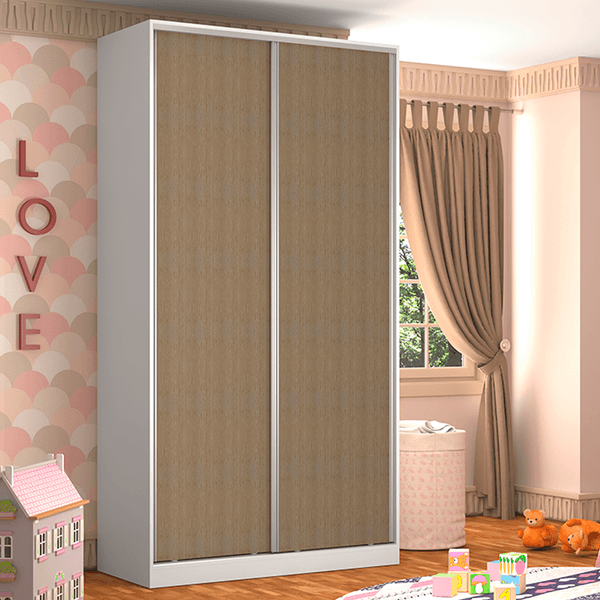 Guarda-roupa em MDF, 2 Portas, 3 Gavetas, 5 Prateleiras - RC2005 Branco / Ocre