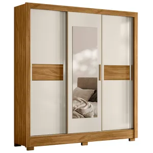 Guarda-Roupa Casal MDP 3 Portas 2 Gavetas Puxadores MDF com Pés com Espelho Bahamas Freijó / Off-White