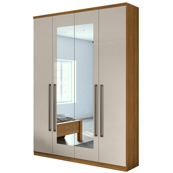 Guarda-roupa em MDF, Com Espelho, 04 Portas, 02 gavetas, 02 Prateleiras - Alonzo New Rovere Naturale / Off White